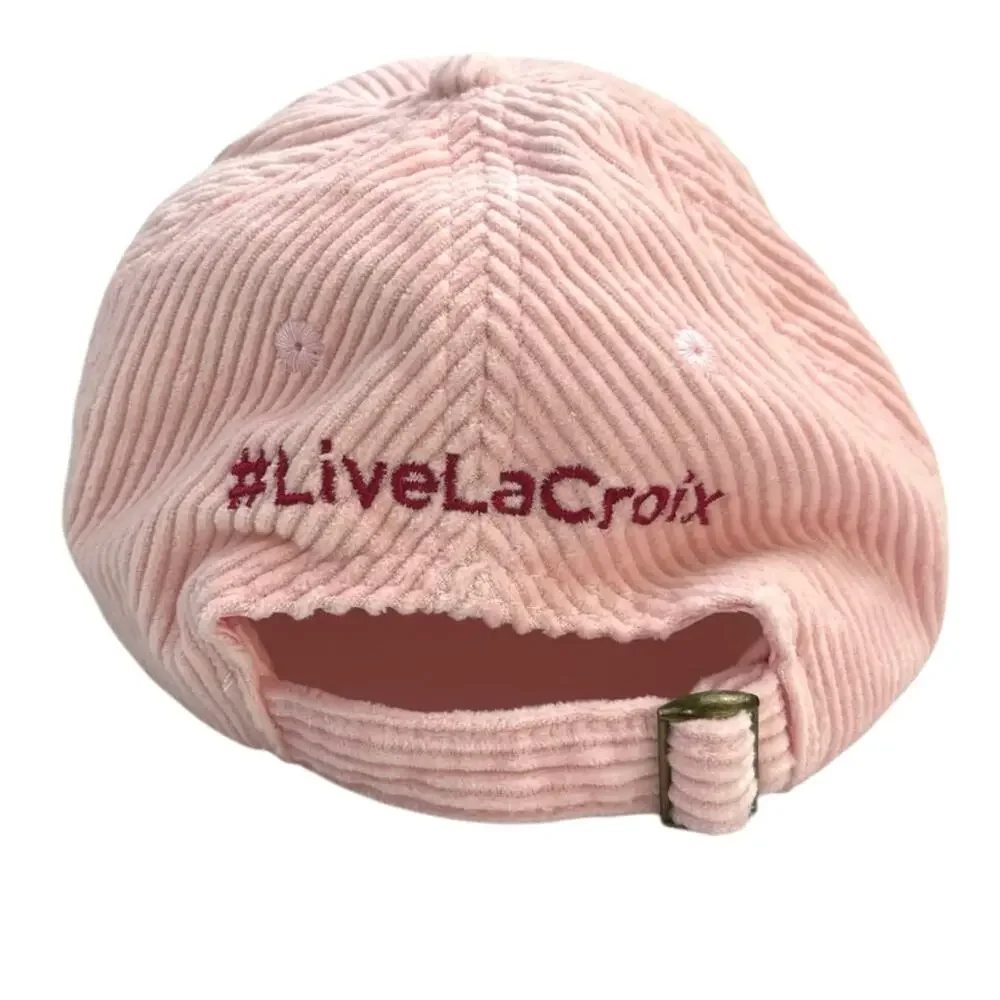 La Croix Pink Corduroy Soda Can Cherry Embroidered Adjustable Baseball Cap Hat S